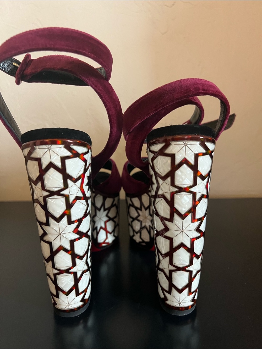 Christian Louboutin Superyaz Burgundy Velvet Platform Sandals with Mosaic-Inlay - Picture 3 of 13